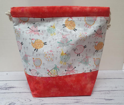 Draw String Project Bag Large - Orange Knitting Sheep
