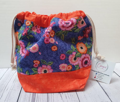 Draw String Project Bag Medium - Orange/Purple Flowers