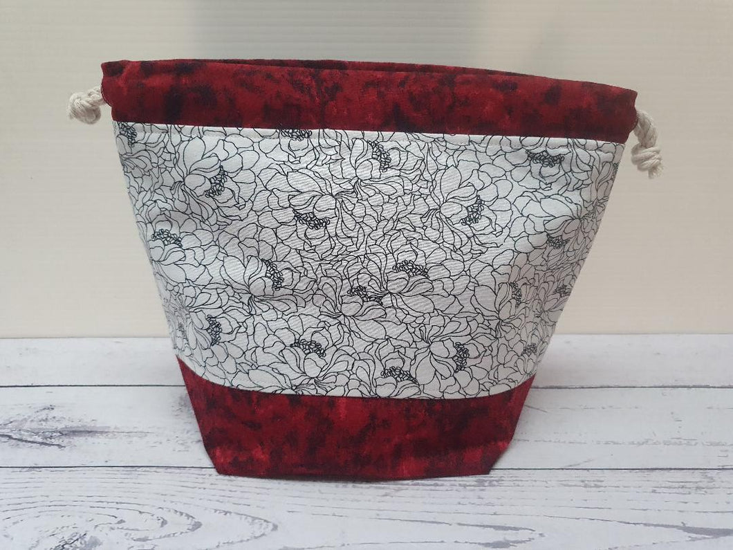 Draw String Project Bag Medium - Black flowers with Red