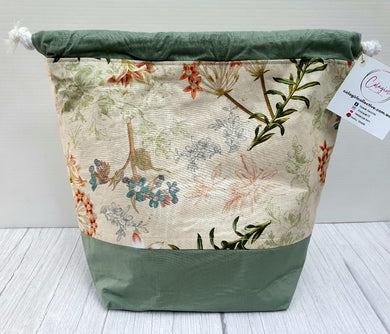 Draw String Project Bag Large -Khaki Flowers