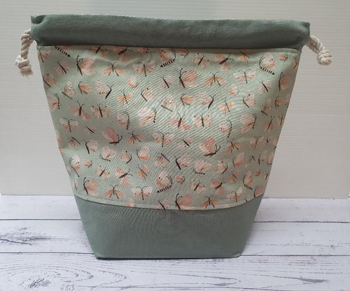 Draw String Project Bag Large - Sage Butterflies