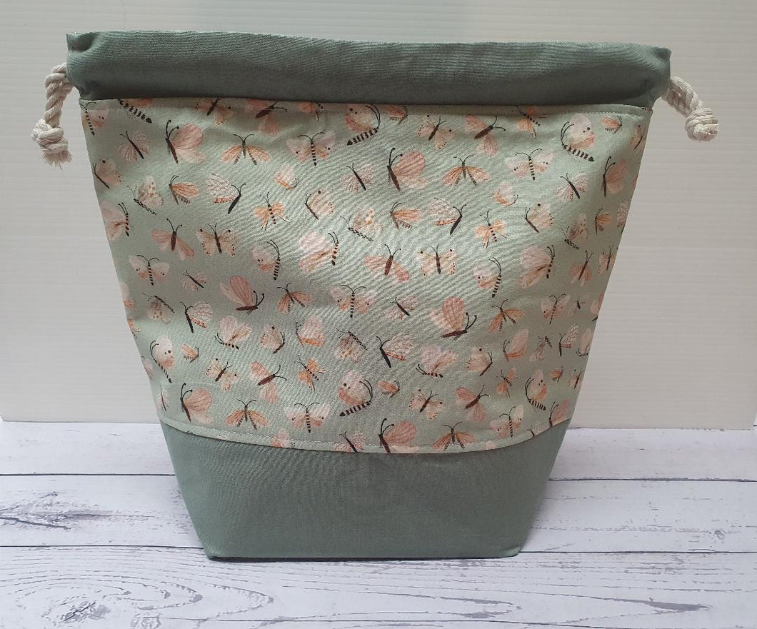 Draw String Project Bag Large - Sage Butterflies