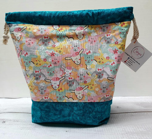 Draw String Project Bag Large - Teal Sheep