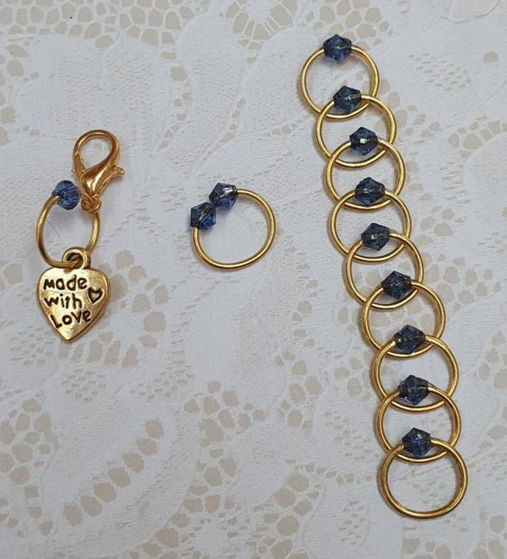 Stitch Marker Set 'Blue' Goldtone, Silvertone or Bronzetone